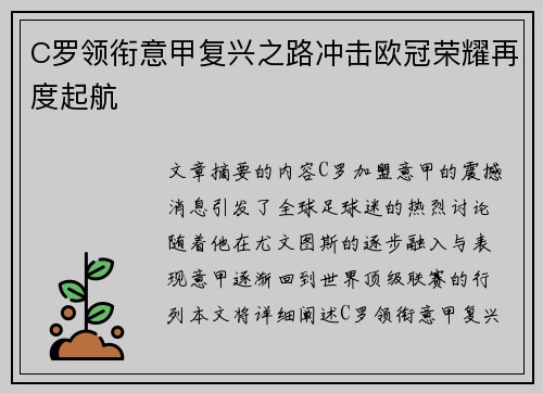 C罗领衔意甲复兴之路冲击欧冠荣耀再度起航